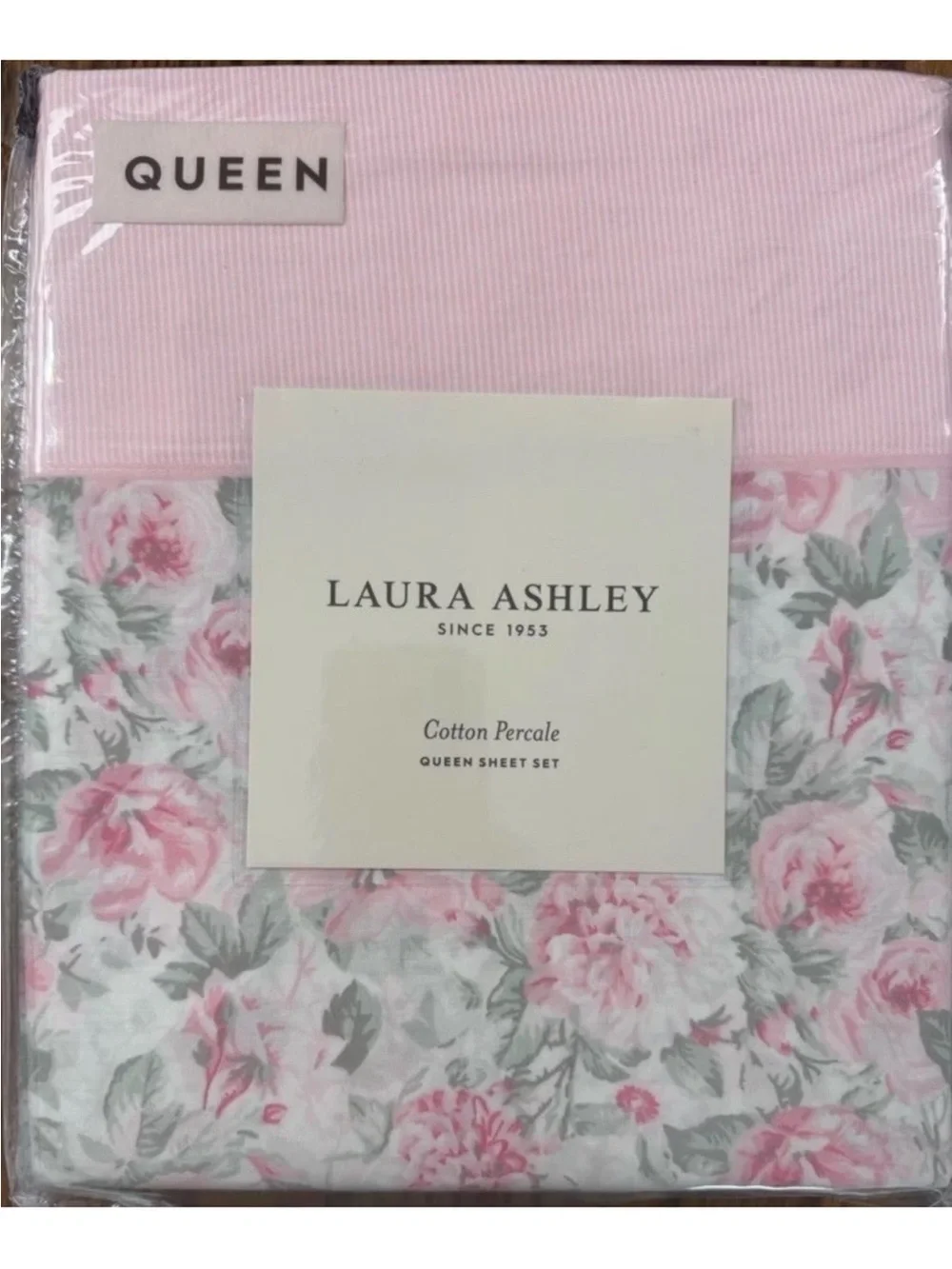 Laura Ashley ~ QUEEN ~ Pink Floral & Pinstripe 4 Pc. Sheet Set 100% Cotton